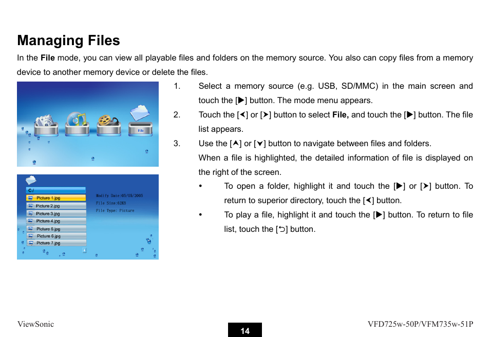 Managing files | VIEWSONIC VFM735W-51P User Manual | Page 21 / 35