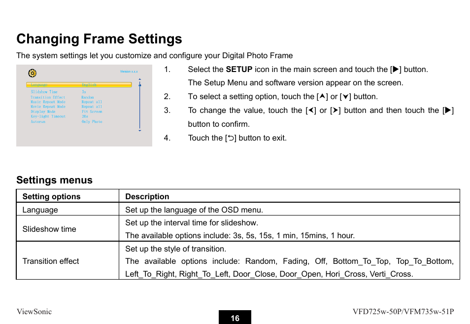 Changing frame settings | VIEWSONIC VFM735W-51P User Manual | Page 23 / 35