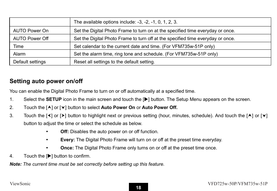 Setting auto power on/off | VIEWSONIC VFM735W-51P User Manual | Page 25 / 35