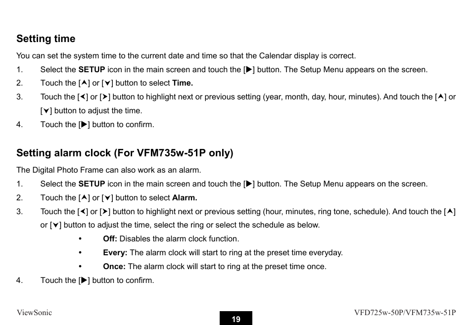 Setting time | VIEWSONIC VFM735W-51P User Manual | Page 26 / 35