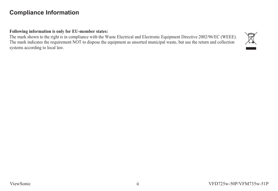 Compliance information | VIEWSONIC VFM735W-51P User Manual | Page 3 / 35
