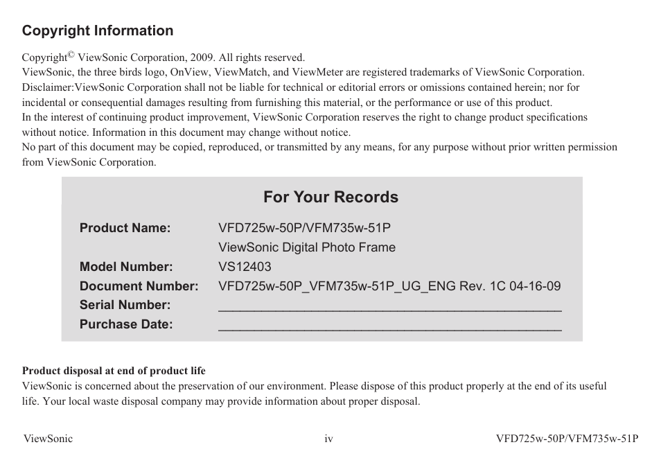For your records | VIEWSONIC VFM735W-51P User Manual | Page 5 / 35
