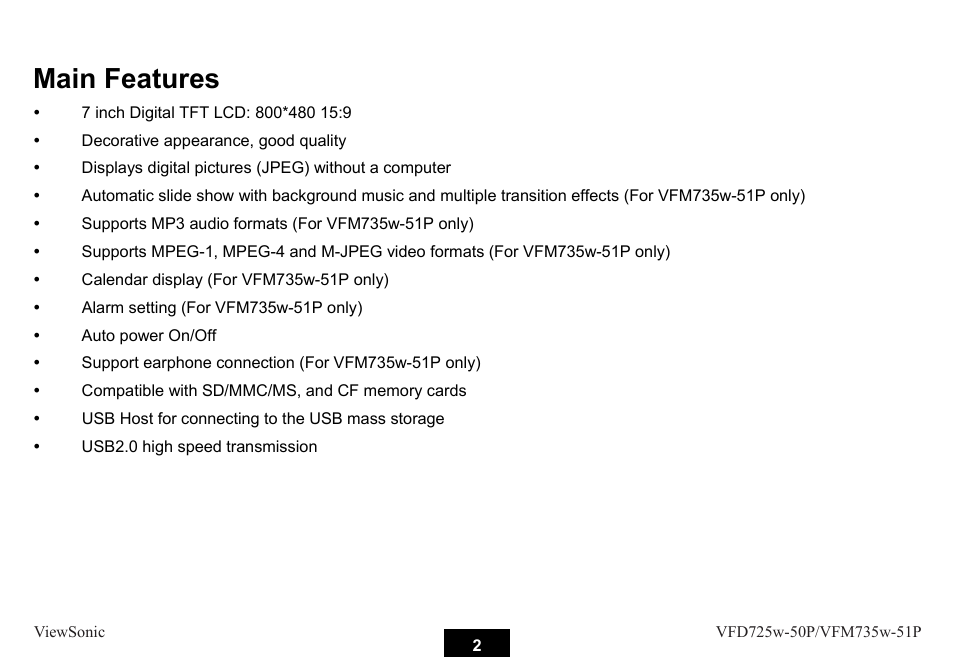 Main features | VIEWSONIC VFM735W-51P User Manual | Page 9 / 35