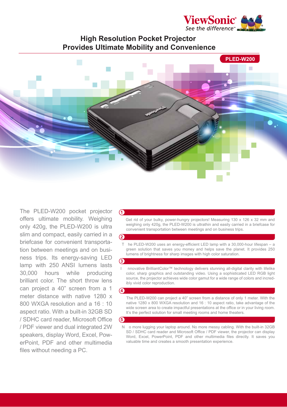 VIEWSONIC High Resolution Pocket Projector PLED-W200 User Manual | 2 pages