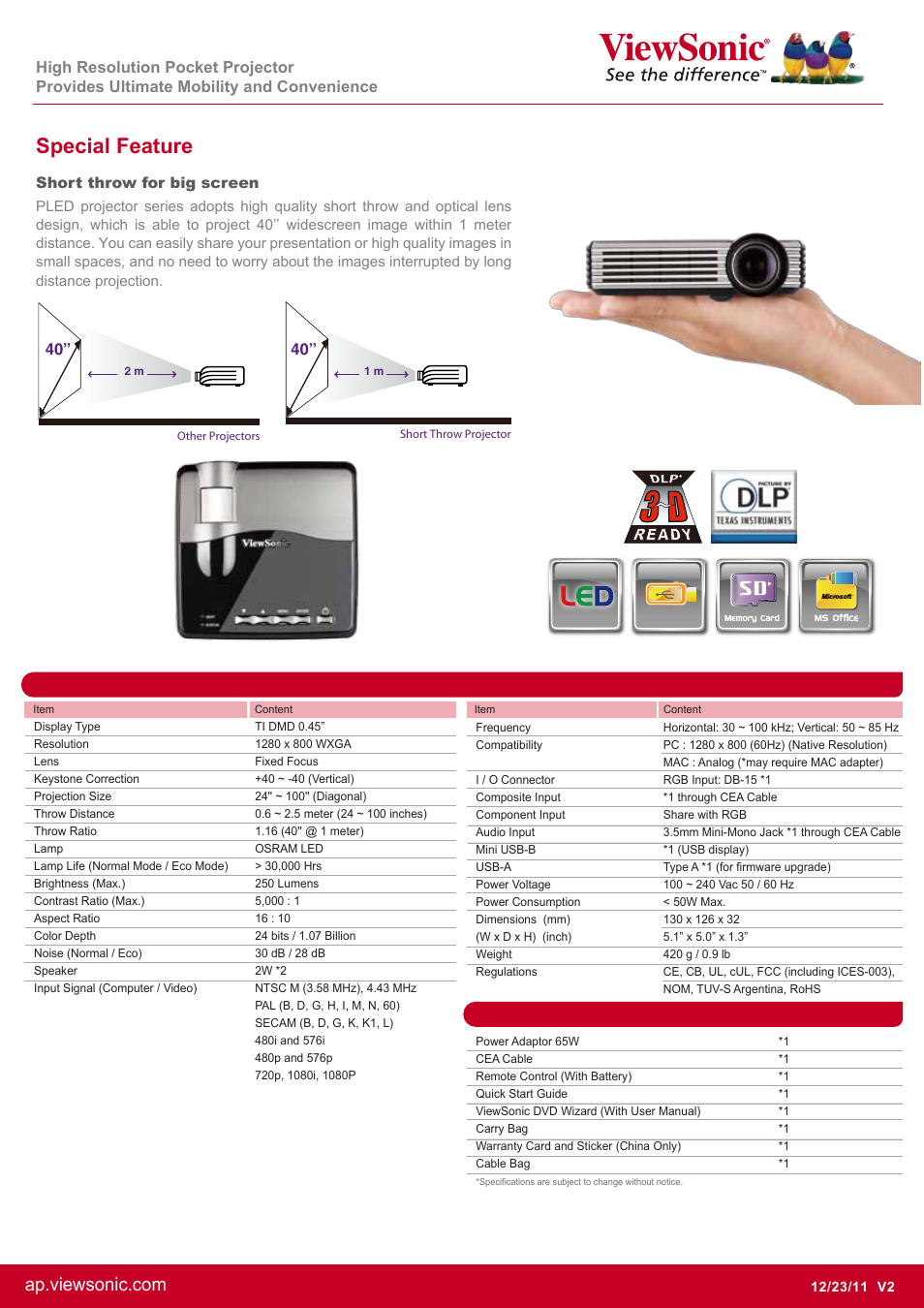 Special feature | VIEWSONIC High Resolution Pocket Projector PLED-W200 User Manual | Page 2 / 2
