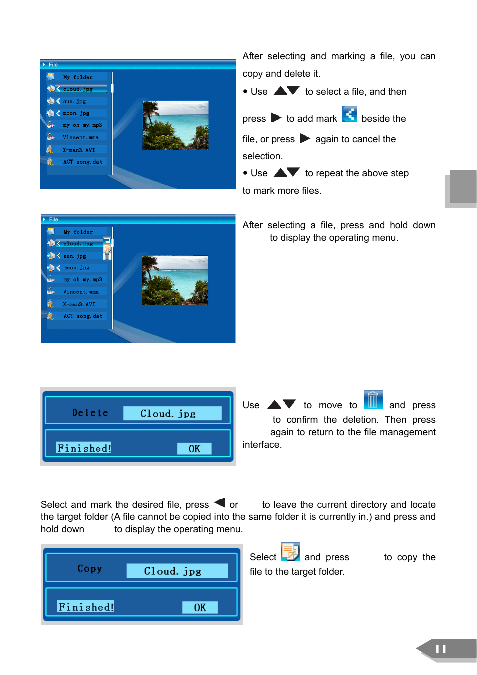 Deleting file, Copying file | VIEWSONIC DF88W User Manual | Page 13 / 45