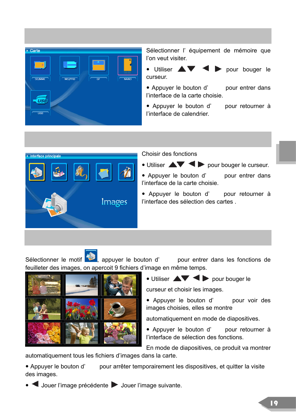 L’ interface de sélection des cartes, L’ interface de sélection des fonctions, Images | VIEWSONIC DF88W User Manual | Page 21 / 45