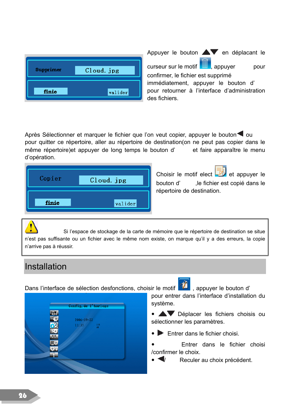 Installation, 26 supprimer un fichier, Copier un fichier | VIEWSONIC DF88W User Manual | Page 28 / 45