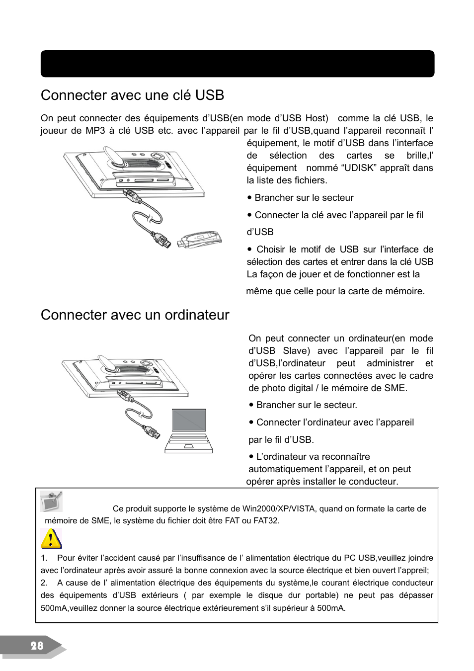 Connecter avec des appareils extérieurs, Connecter avec une clé usb, Connecter avec un ordinateur | VIEWSONIC DF88W User Manual | Page 30 / 45