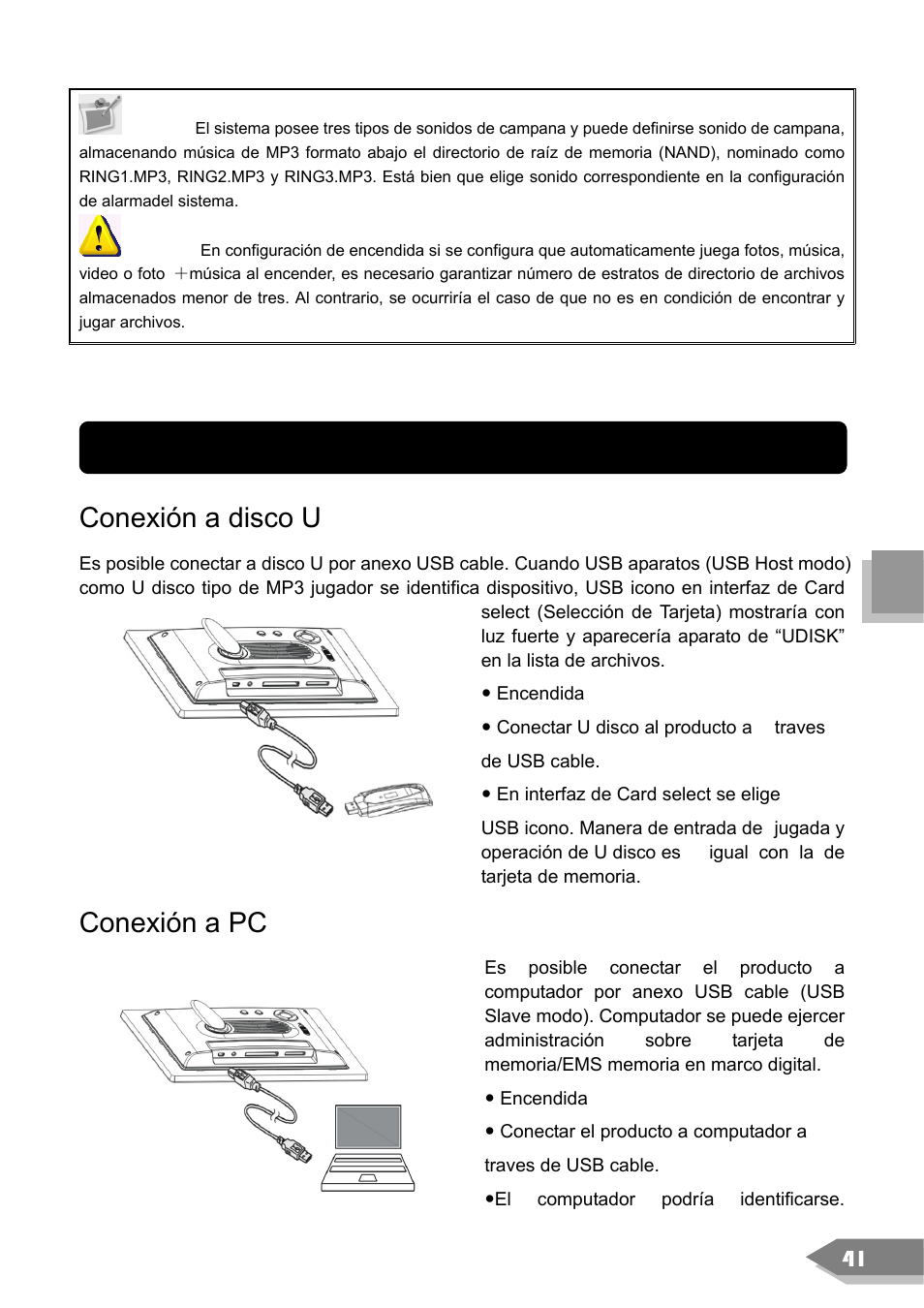 Conexión a dispositivos exteriores, Conexión a disco u, Conexión a pc | VIEWSONIC DF88W User Manual | Page 43 / 45