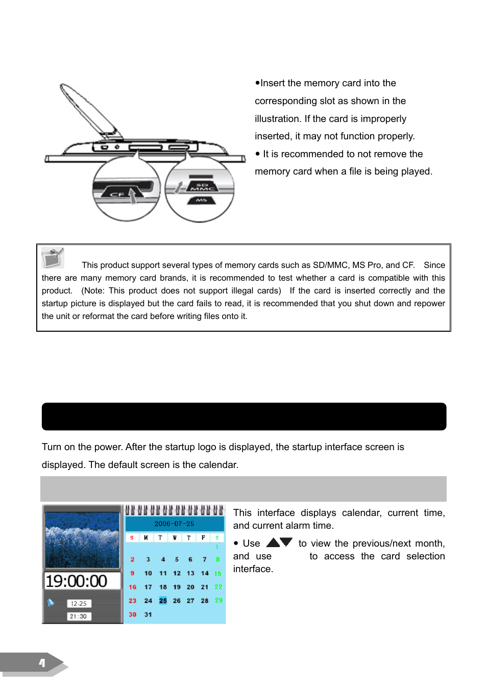 Operation, Calendar | VIEWSONIC DF88W User Manual | Page 6 / 45