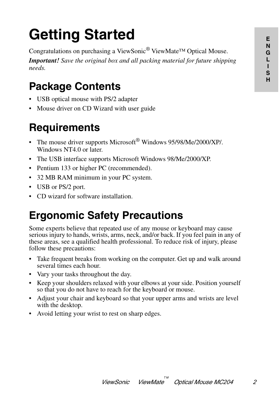 Getting started, Package contents, Requirements | Ergonomic safety precautions | VIEWSONIC MC204 User Manual | Page 3 / 9