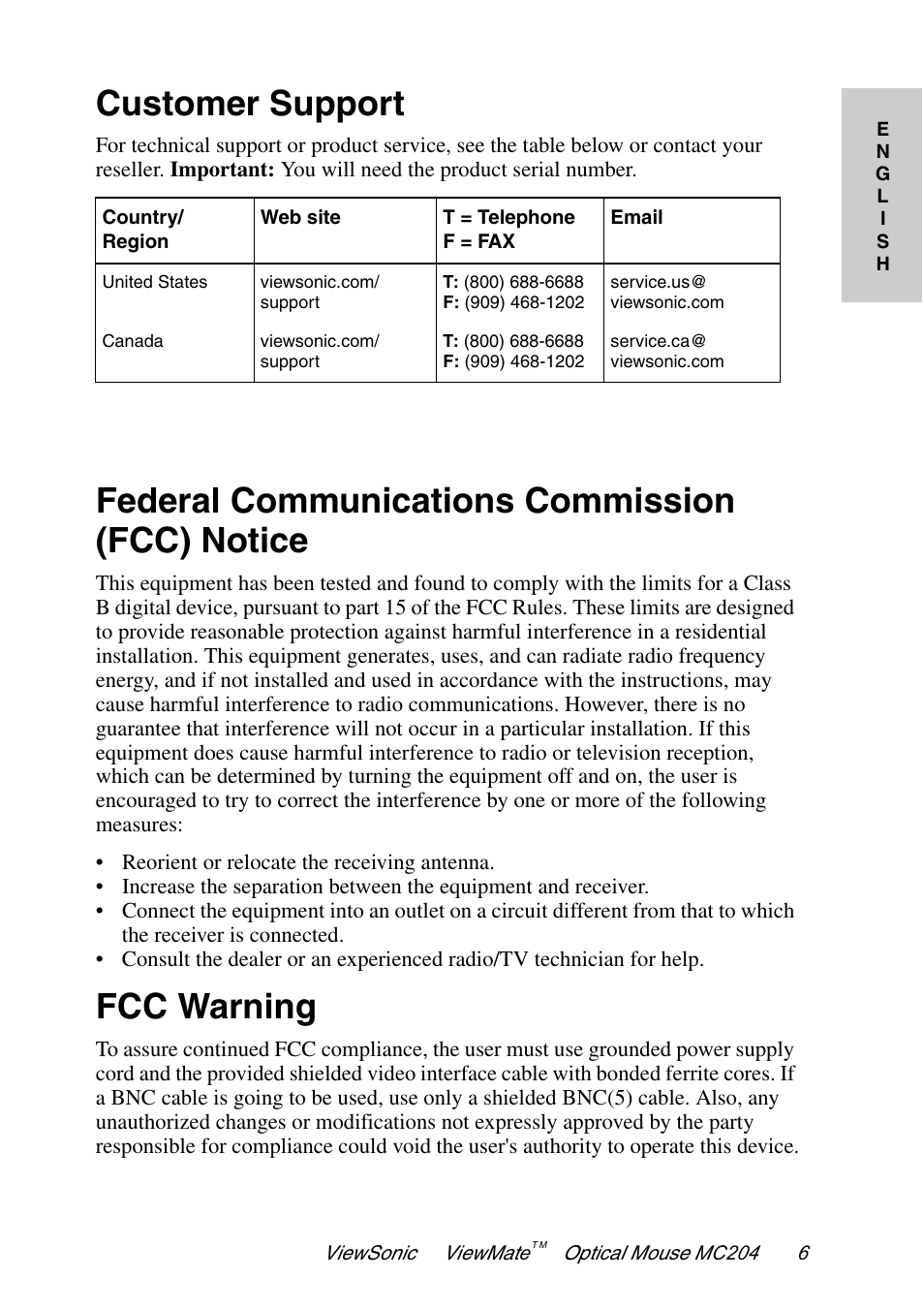 Customer support, Federal communications commission (fcc) notice, Fcc warning | VIEWSONIC MC204 User Manual | Page 7 / 9