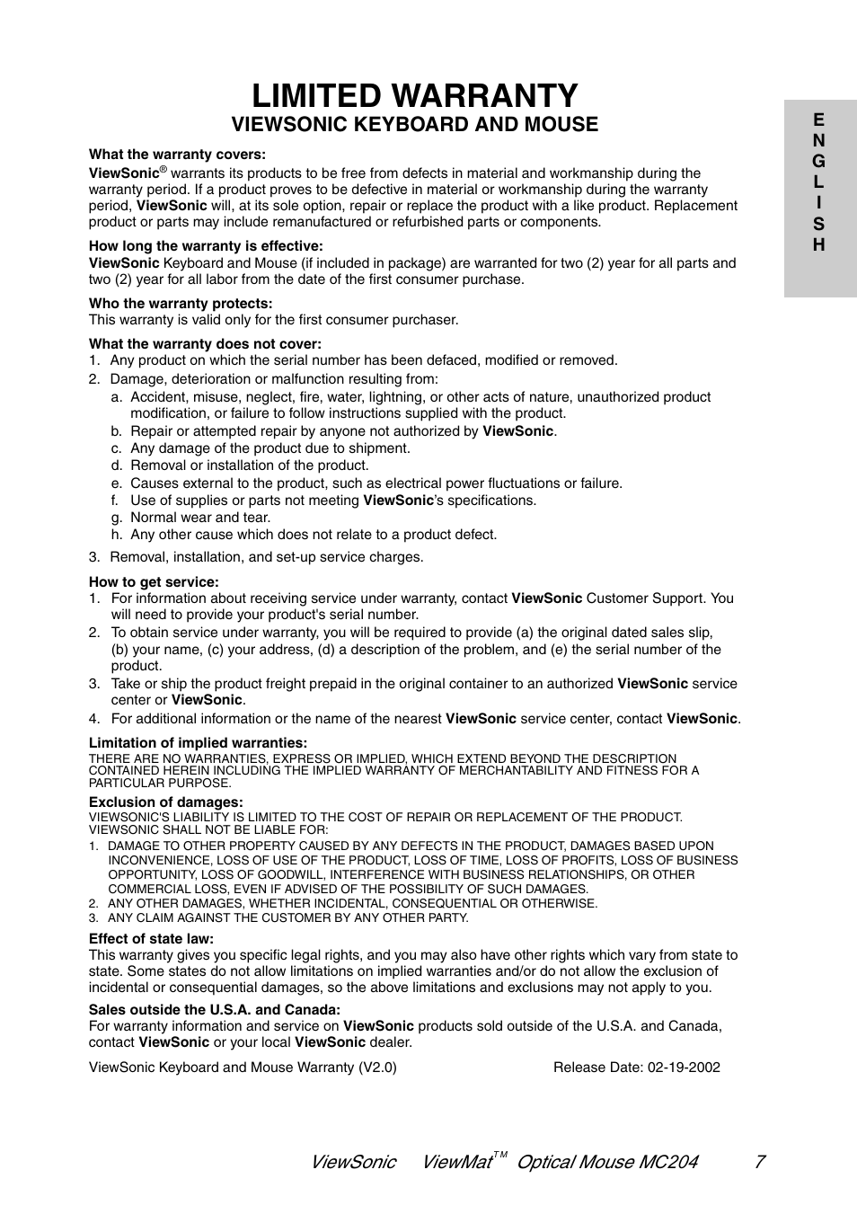 Limited warranty, Viewsonic keyboard and mouse, Viewsonic viewmat optical mouse m c204 7 | VIEWSONIC MC204 User Manual | Page 8 / 9