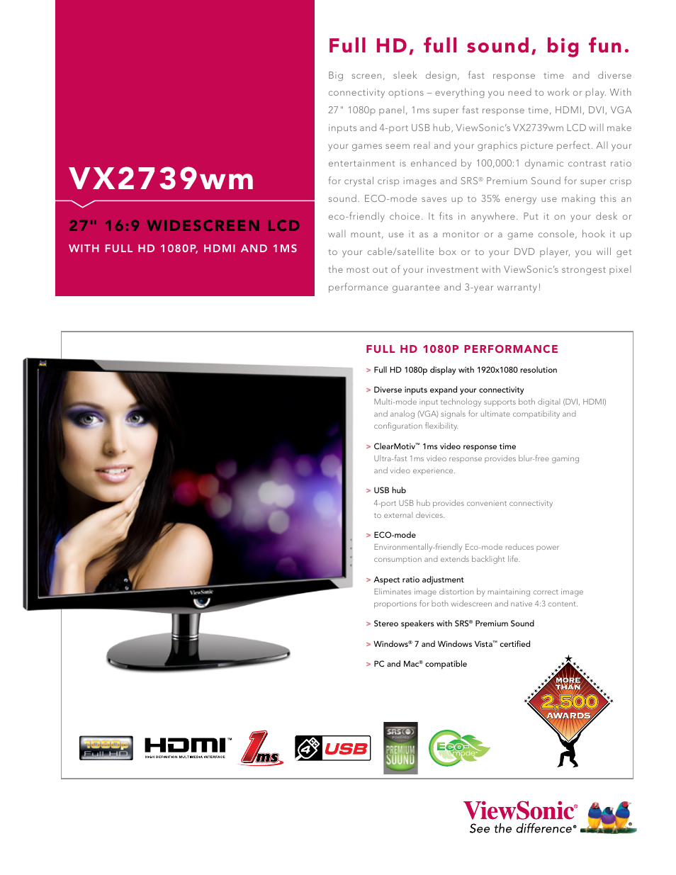 VIEWSONIC VX2739WM User Manual | 2 pages