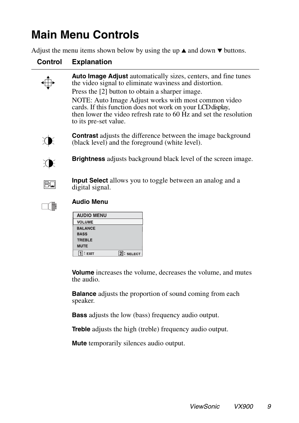 Main menu controls | VIEWSONIC VX900 User Manual | Page 10 / 21