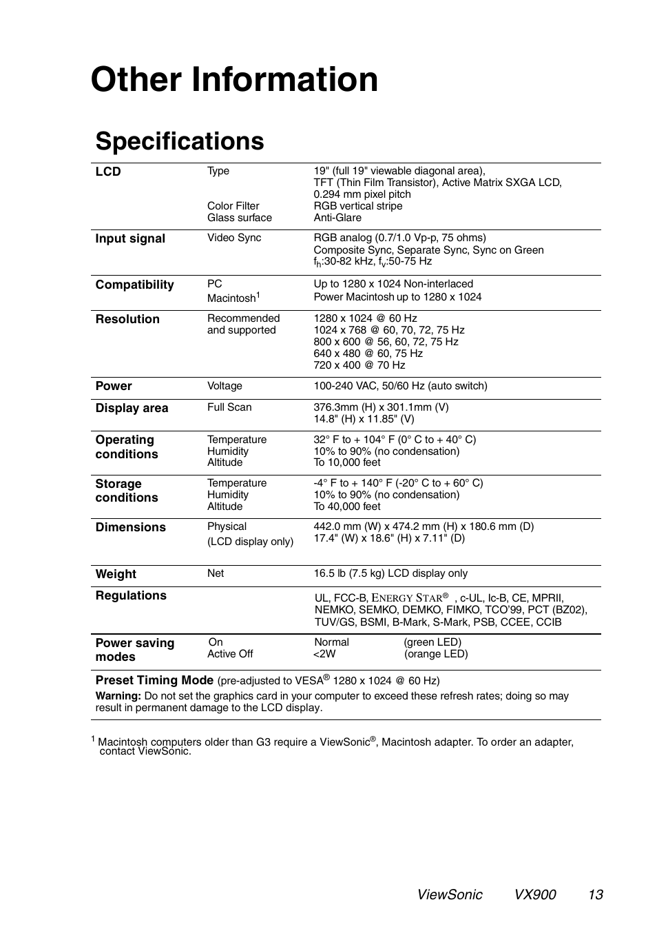 Other information, Specifications | VIEWSONIC VX900 User Manual | Page 14 / 21