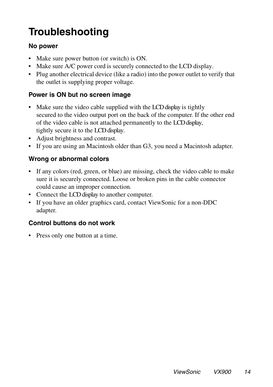 Troubleshooting | VIEWSONIC VX900 User Manual | Page 15 / 21