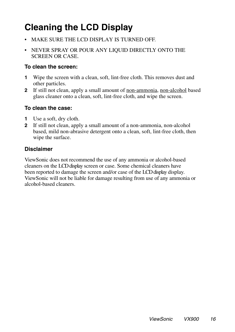 Cleaning the lcd display | VIEWSONIC VX900 User Manual | Page 17 / 21