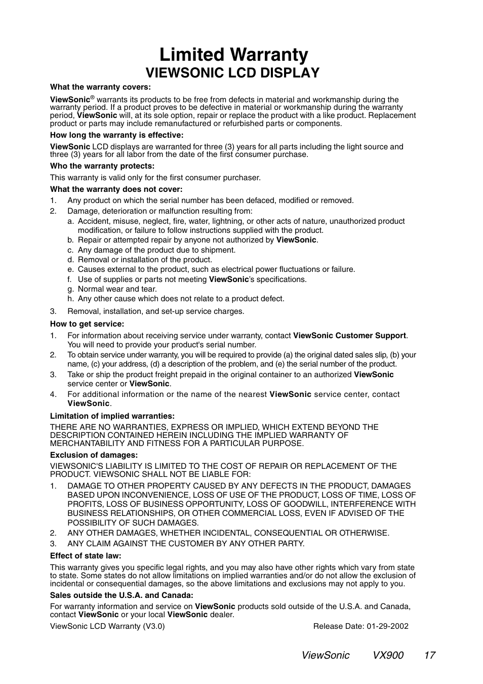 Limited warranty, Viewsonic lcd display | VIEWSONIC VX900 User Manual | Page 18 / 21