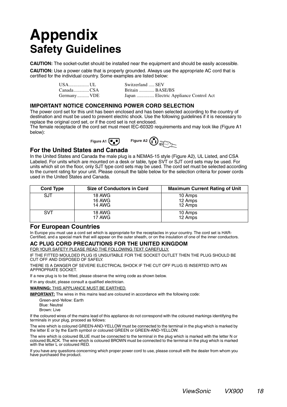 Appendix, Safety guidelines, For the united states and canada | For european countries | VIEWSONIC VX900 User Manual | Page 19 / 21