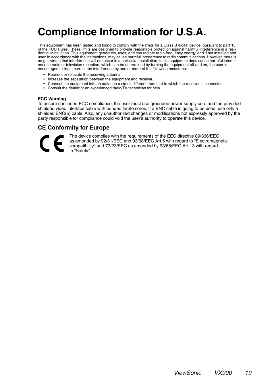 Compliance information for u.s.a | VIEWSONIC VX900 User Manual | Page 20 / 21