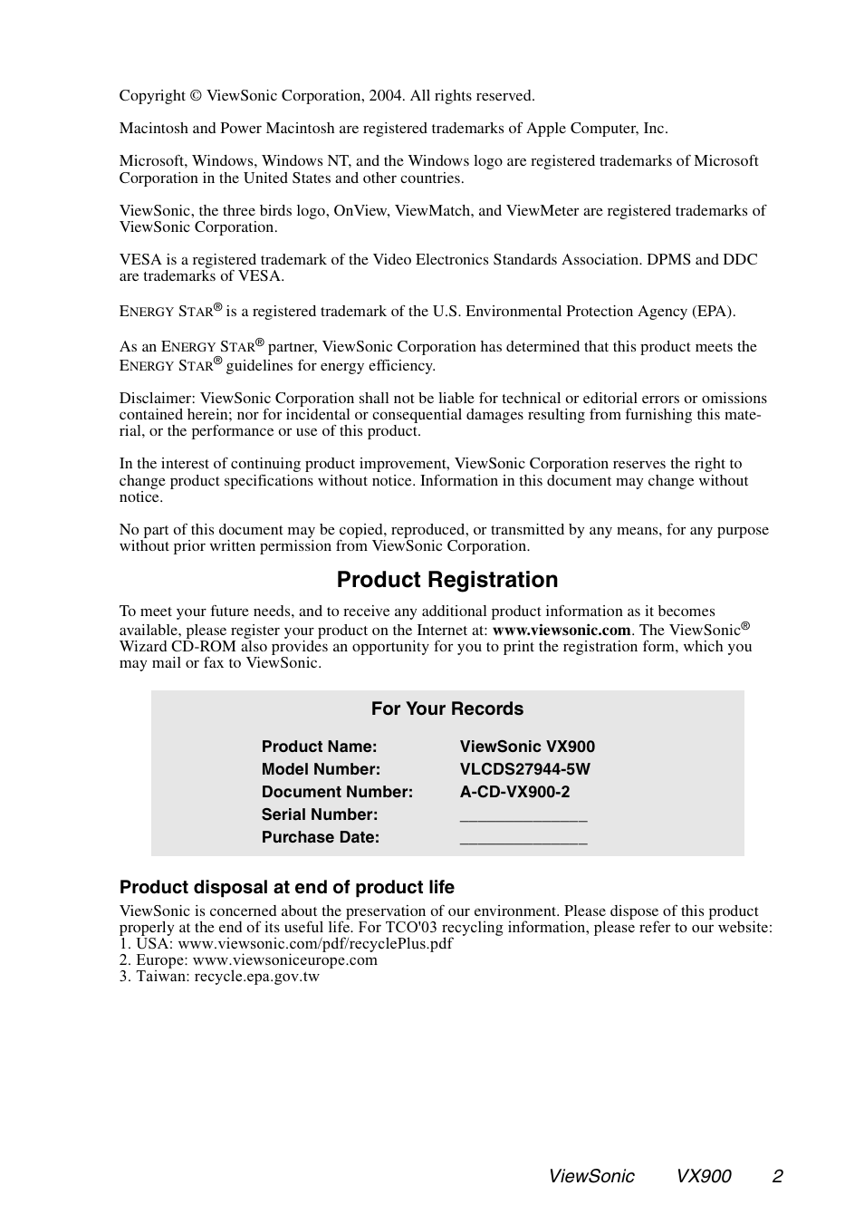 Product registration, For your records | VIEWSONIC VX900 User Manual | Page 3 / 21