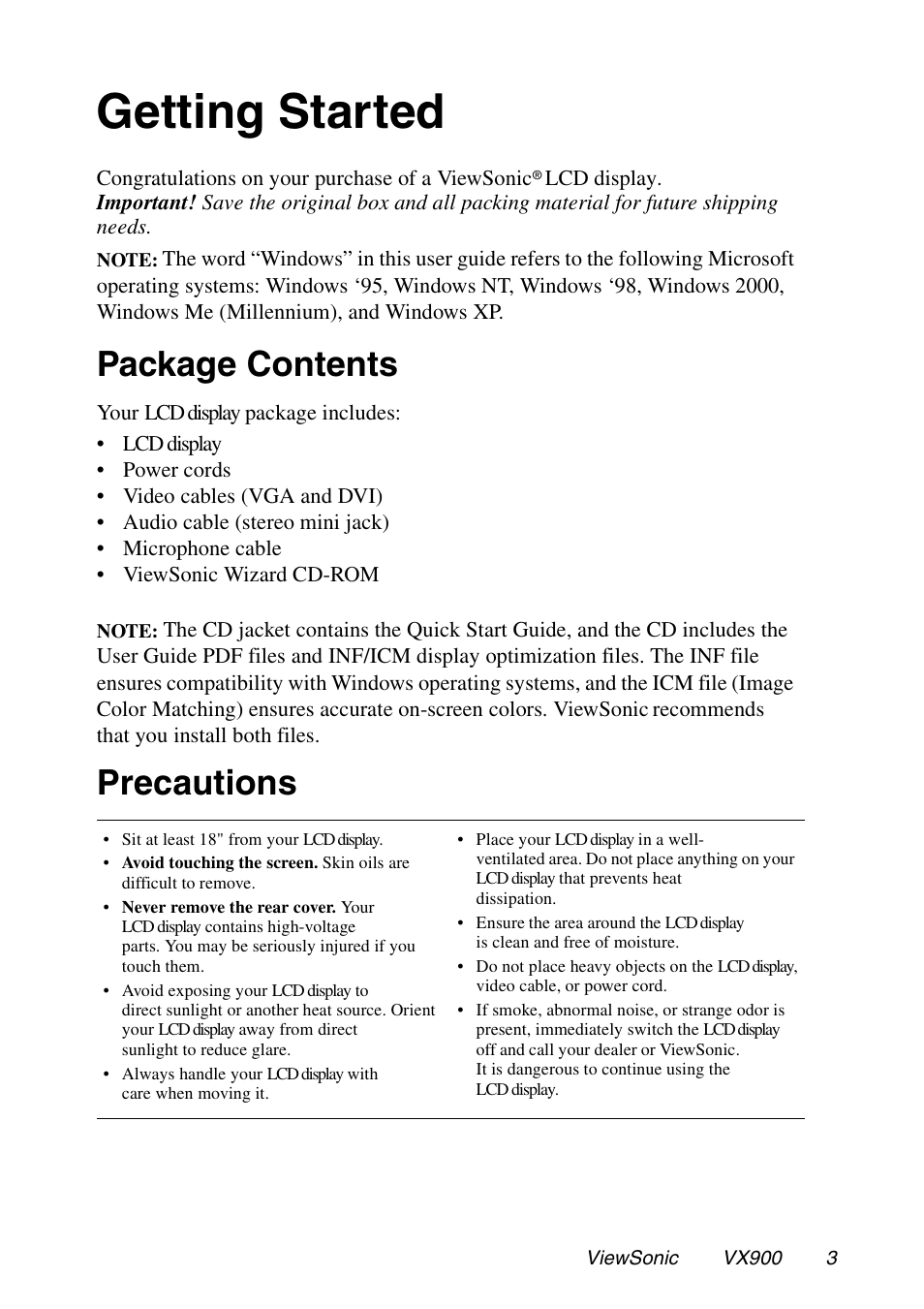 Getting started, Package contents, Precautions | VIEWSONIC VX900 User Manual | Page 4 / 21