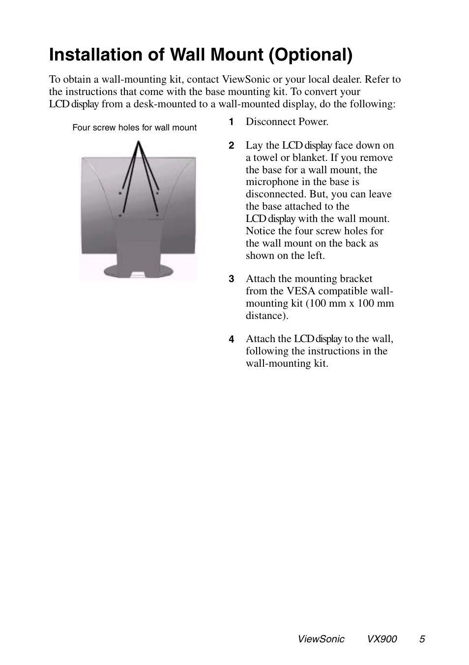 Installation of wall mount (optional) | VIEWSONIC VX900 User Manual | Page 6 / 21