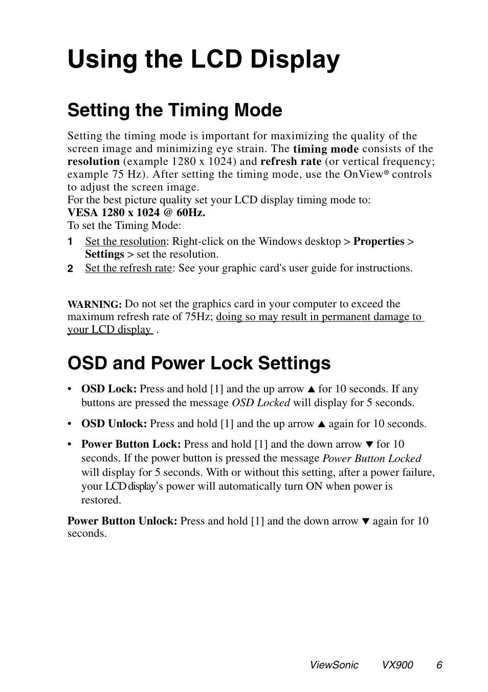 Using the lcd display, Setting the timing mode, Osd and power lock settings | VIEWSONIC VX900 User Manual | Page 7 / 21