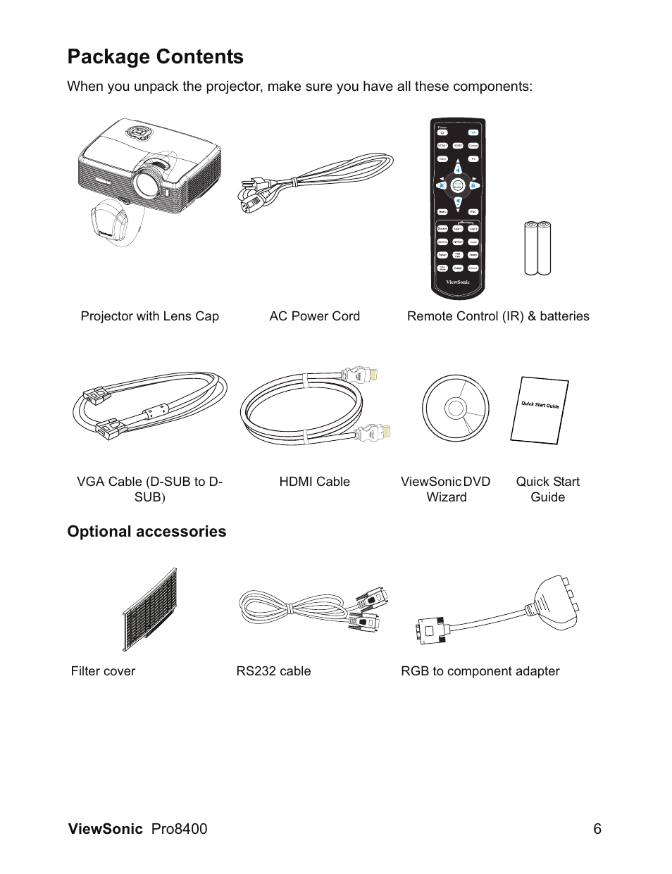 Package contents, Optional accessories | VIEWSONIC VS13647 User Manual | Page 10 / 78