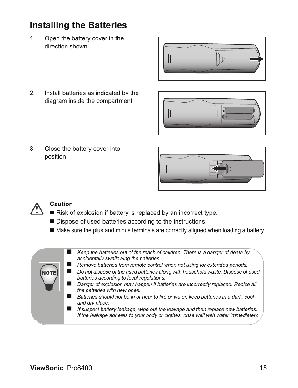 Installing the batteries | VIEWSONIC VS13647 User Manual | Page 19 / 78