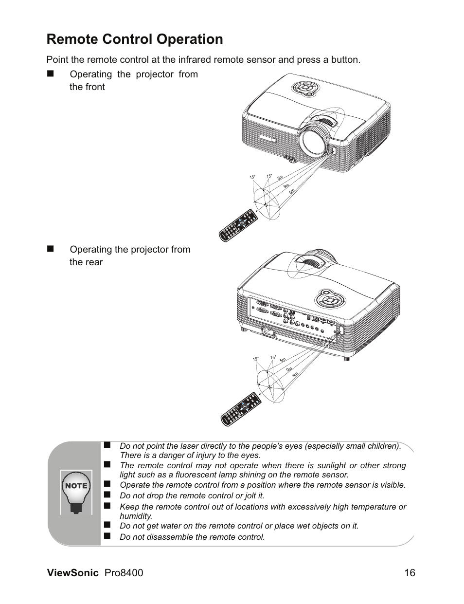 Remote control operation, Operating the projector from the front, Operating the projector from the rear | VIEWSONIC VS13647 User Manual | Page 20 / 78