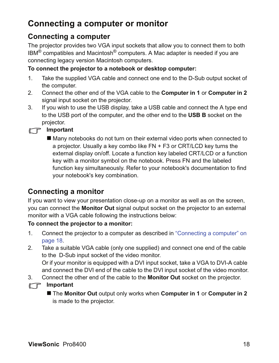 Connecting a computer or monitor, Connecting a computer, Connecting a monitor | VIEWSONIC VS13647 User Manual | Page 22 / 78