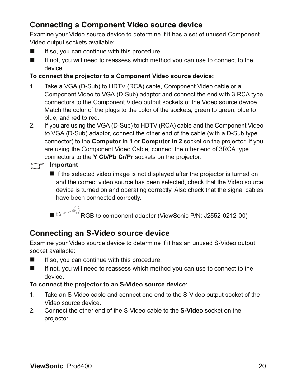 Connecting a component video source device, Connecting an s-video source device | VIEWSONIC VS13647 User Manual | Page 24 / 78