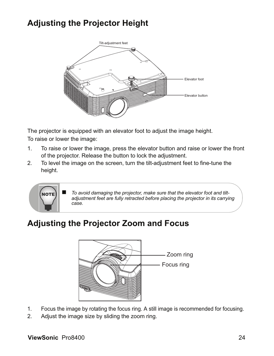 Adjusting the projector height, Adjusting the projector zoom and focus | VIEWSONIC VS13647 User Manual | Page 28 / 78