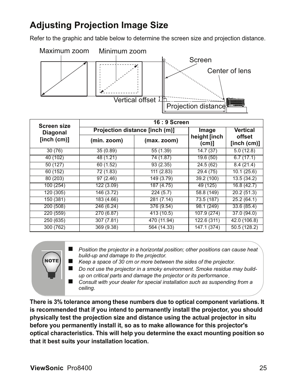 Adjusting projection image size | VIEWSONIC VS13647 User Manual | Page 29 / 78