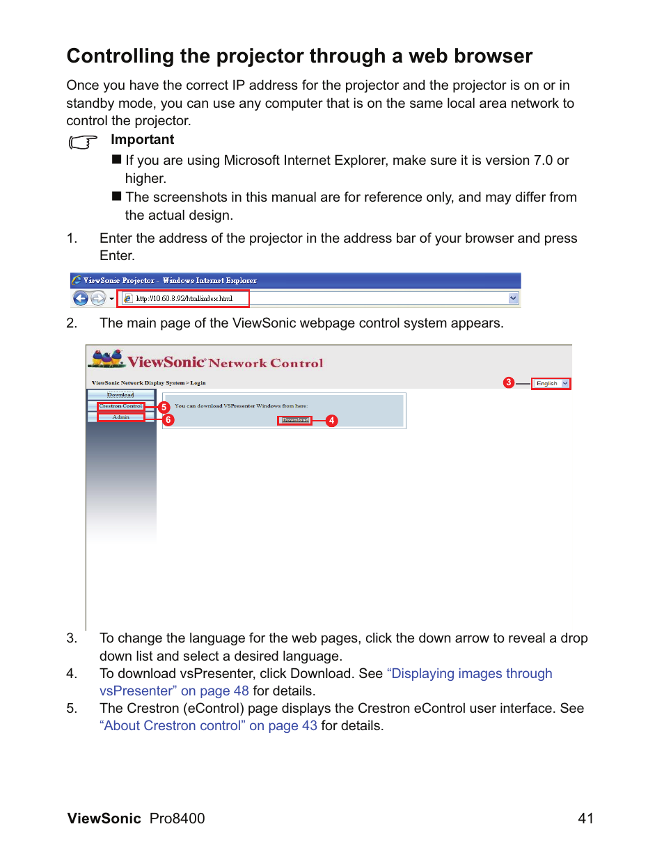 Controlling the projector through a web browser | VIEWSONIC VS13647 User Manual | Page 45 / 78