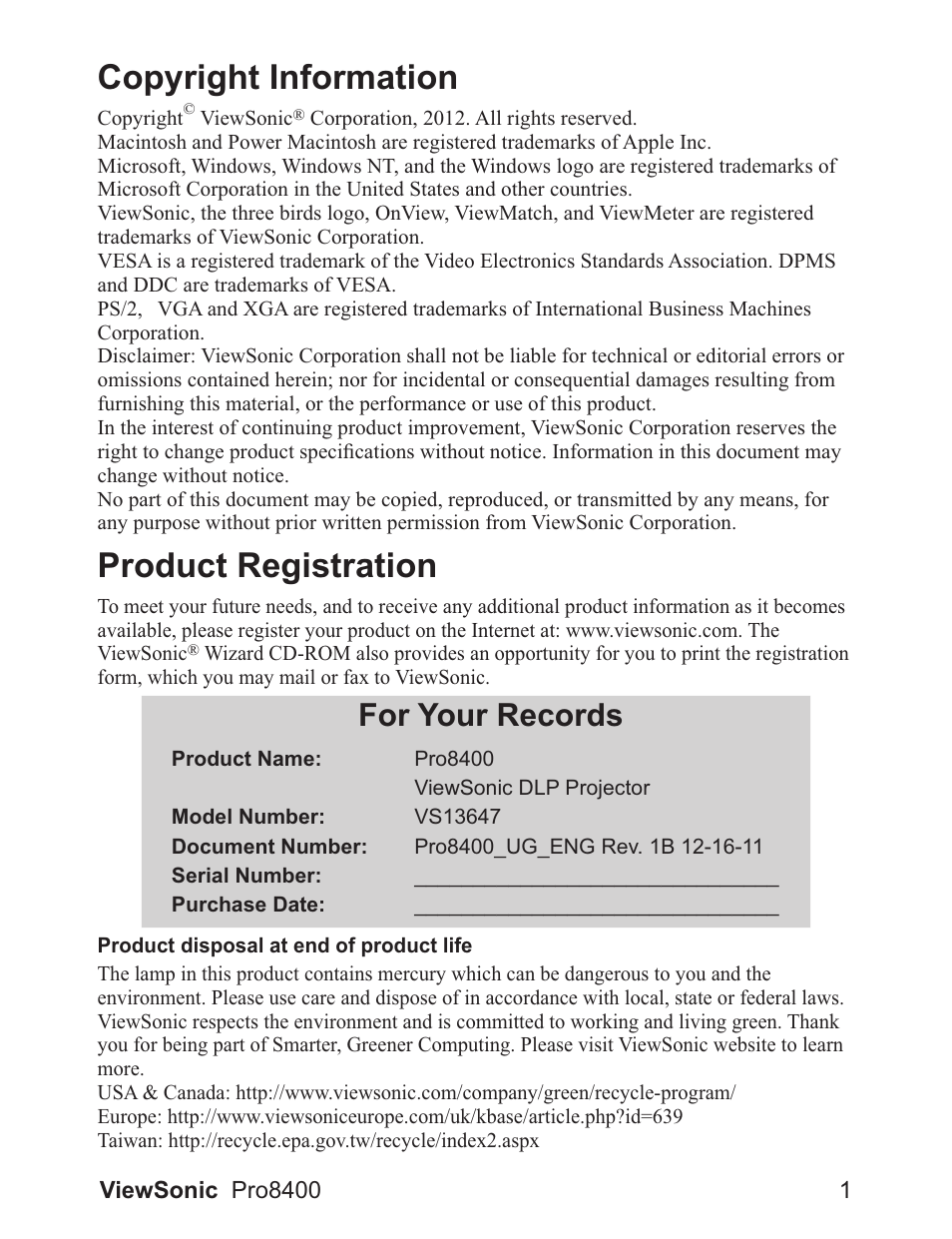 Copyright information, Product registration, For your records | VIEWSONIC VS13647 User Manual | Page 5 / 78