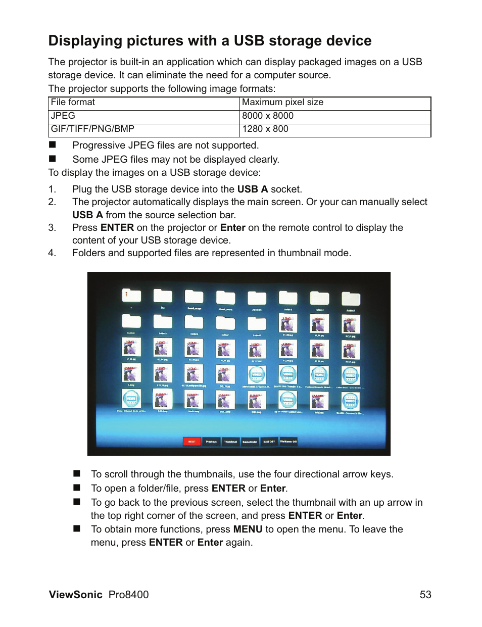 Displaying pictures with a usb storage device | VIEWSONIC VS13647 User Manual | Page 57 / 78