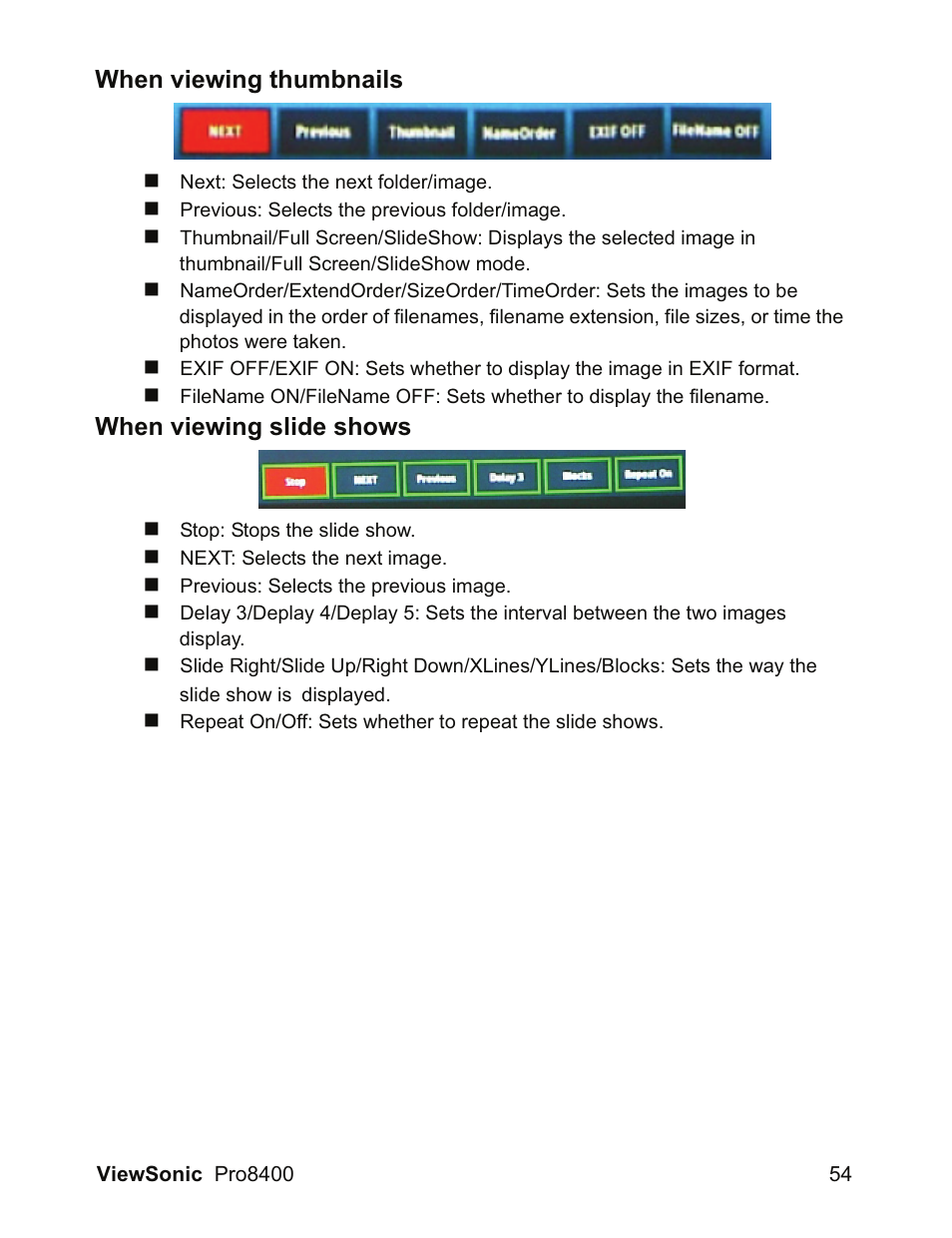 When viewing thumbnails, When viewing slide shows | VIEWSONIC VS13647 User Manual | Page 58 / 78