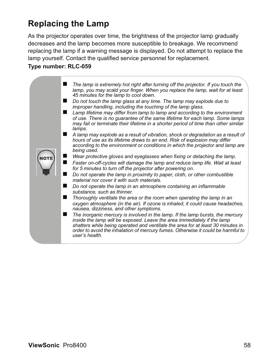 Replacing the lamp | VIEWSONIC VS13647 User Manual | Page 62 / 78