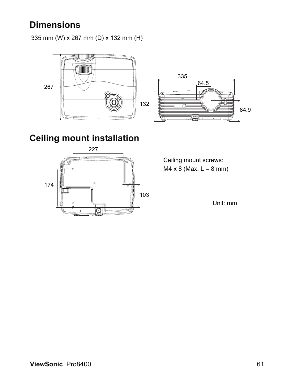 Dimensions, Ceiling mount installation | VIEWSONIC VS13647 User Manual | Page 65 / 78