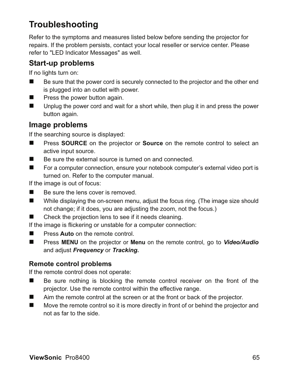 Troubleshooting, Start-up problems, Image problems | VIEWSONIC VS13647 User Manual | Page 69 / 78