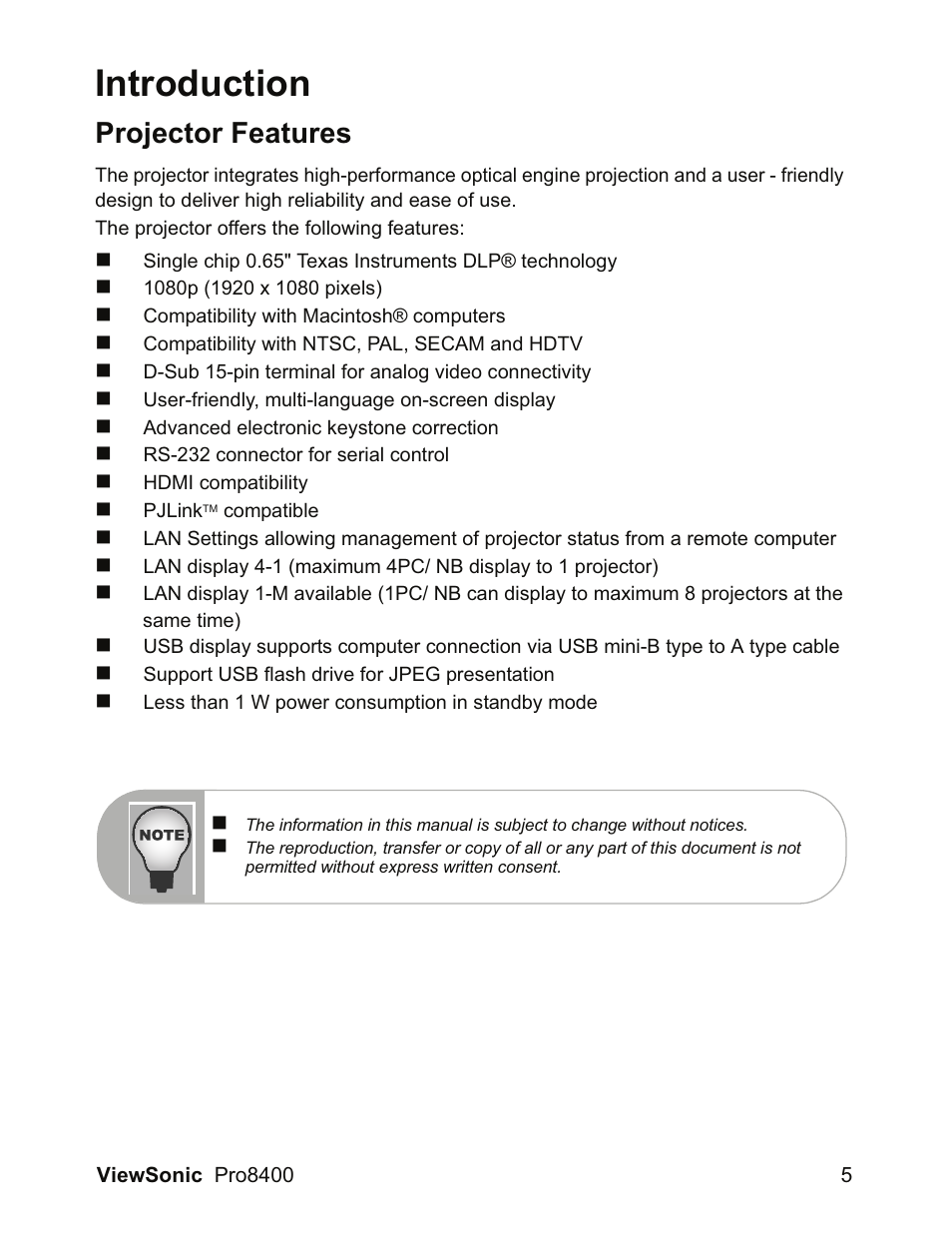 Introduction, Projector features | VIEWSONIC VS13647 User Manual | Page 9 / 78
