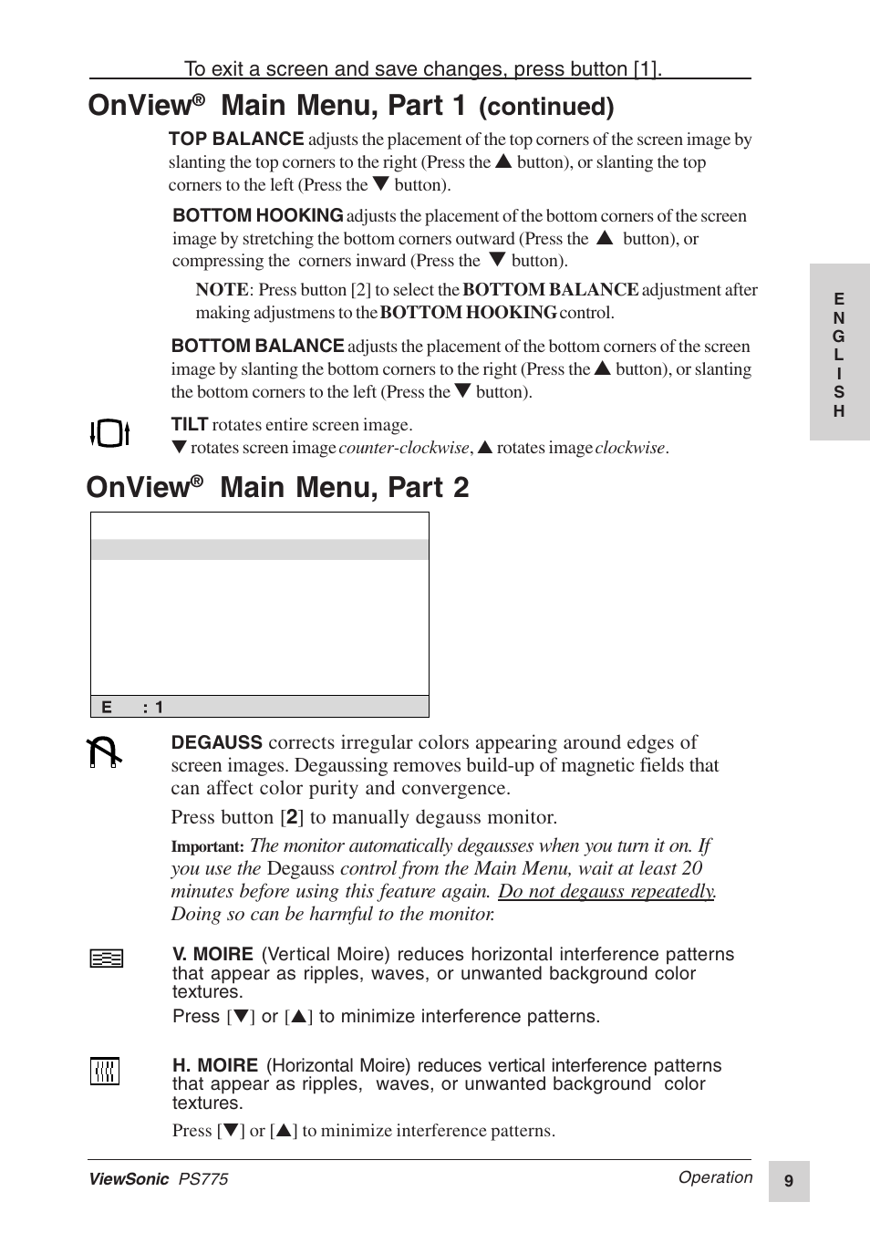 Onview, Main menu, part 2, Main menu, part 1 | Continued) | VIEWSONIC PS775 User Manual | Page 10 / 16