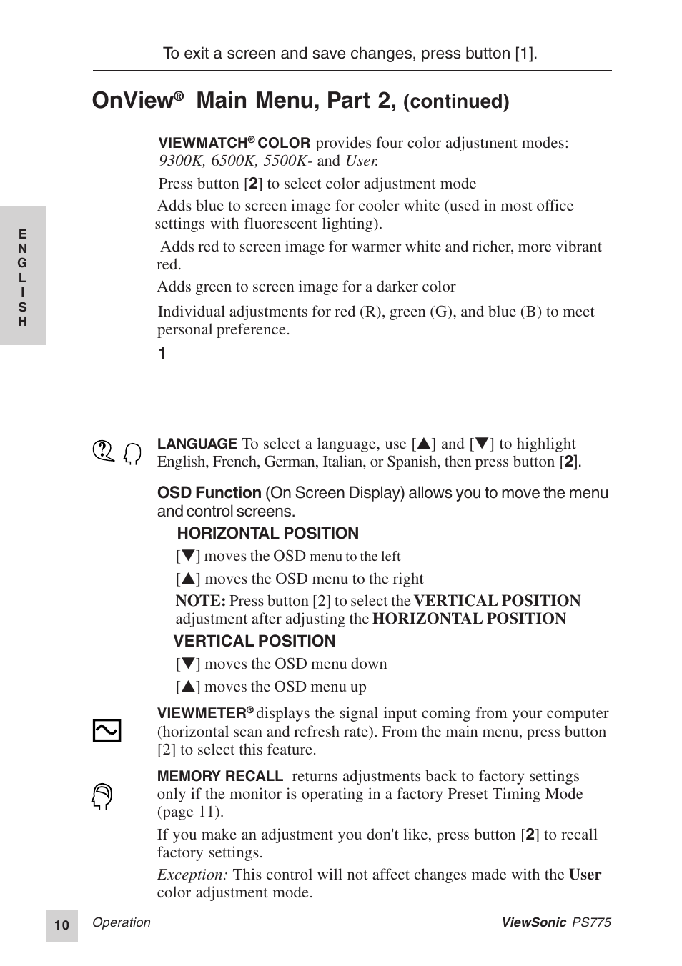 Onview, Main menu, part 2, Continued) | VIEWSONIC PS775 User Manual | Page 11 / 16
