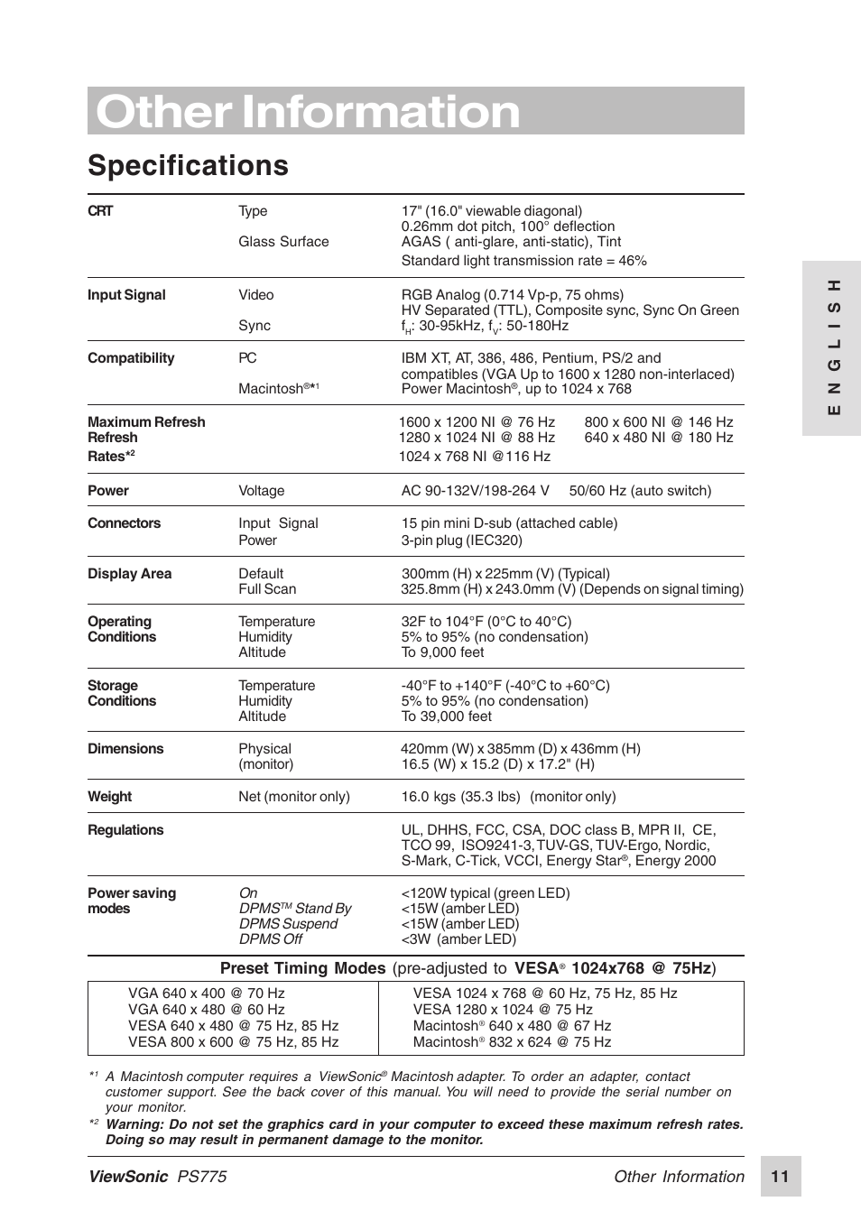 Other information, Specifications | VIEWSONIC PS775 User Manual | Page 12 / 16
