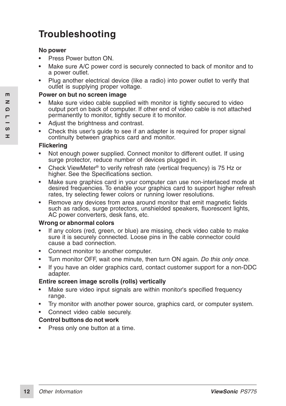 Troubleshooting | VIEWSONIC PS775 User Manual | Page 13 / 16
