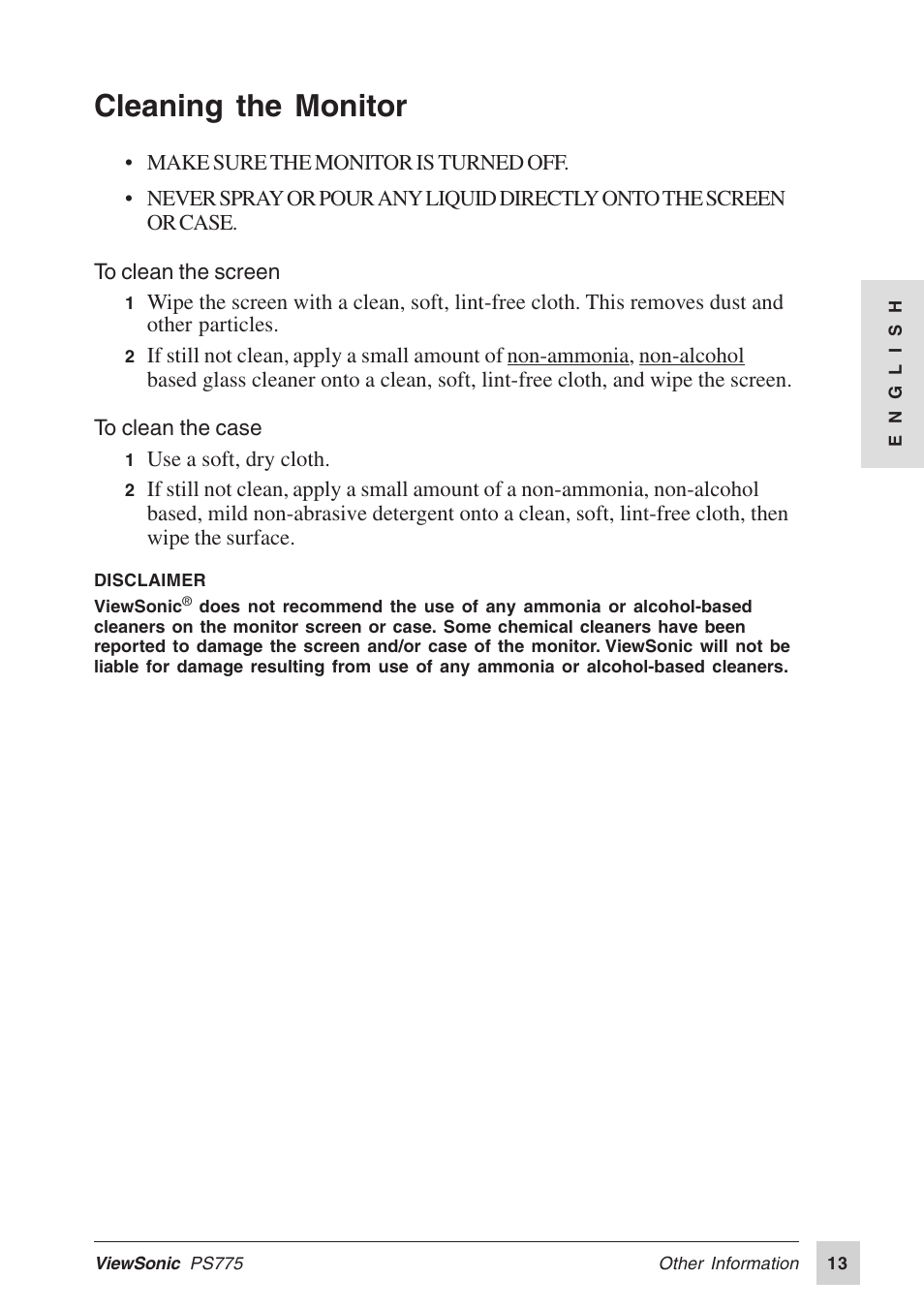 Cleaning the monitor | VIEWSONIC PS775 User Manual | Page 14 / 16